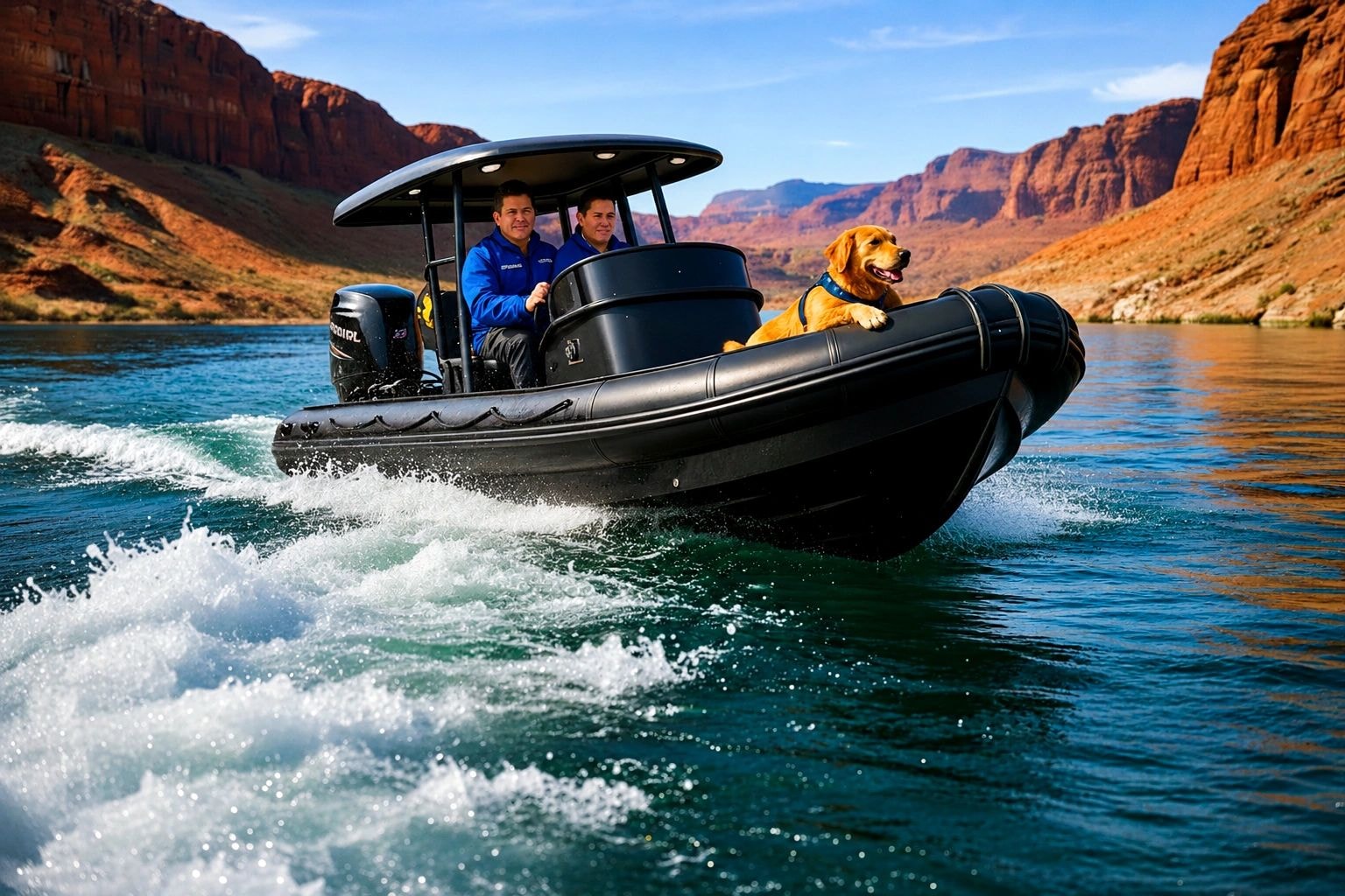 AventuraX 6.0M Explorer running the Colorado River canyon with crew and dog aboard