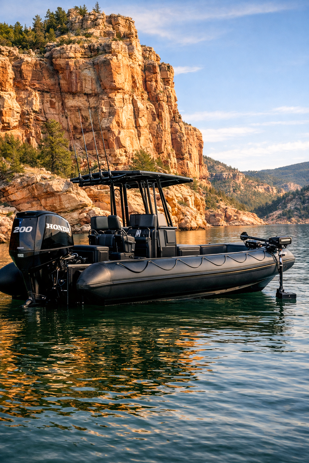 AventuraX 6.4M Pro Guide Edition anchored in a red rock canyon cove at Flaming Gorge