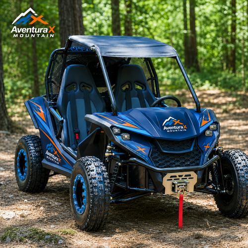 AventuraX CanyonRover E72 XR Electric Off-Road Buggy in blue with orange accents on a forest trail